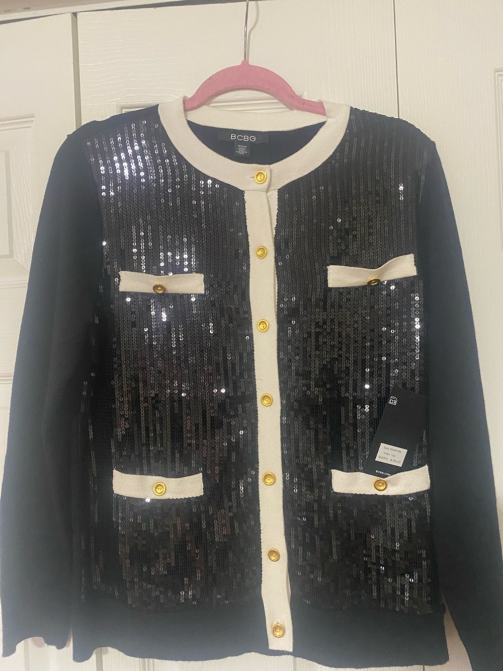BCBG Black Sequin Cardigan with Cream Trim